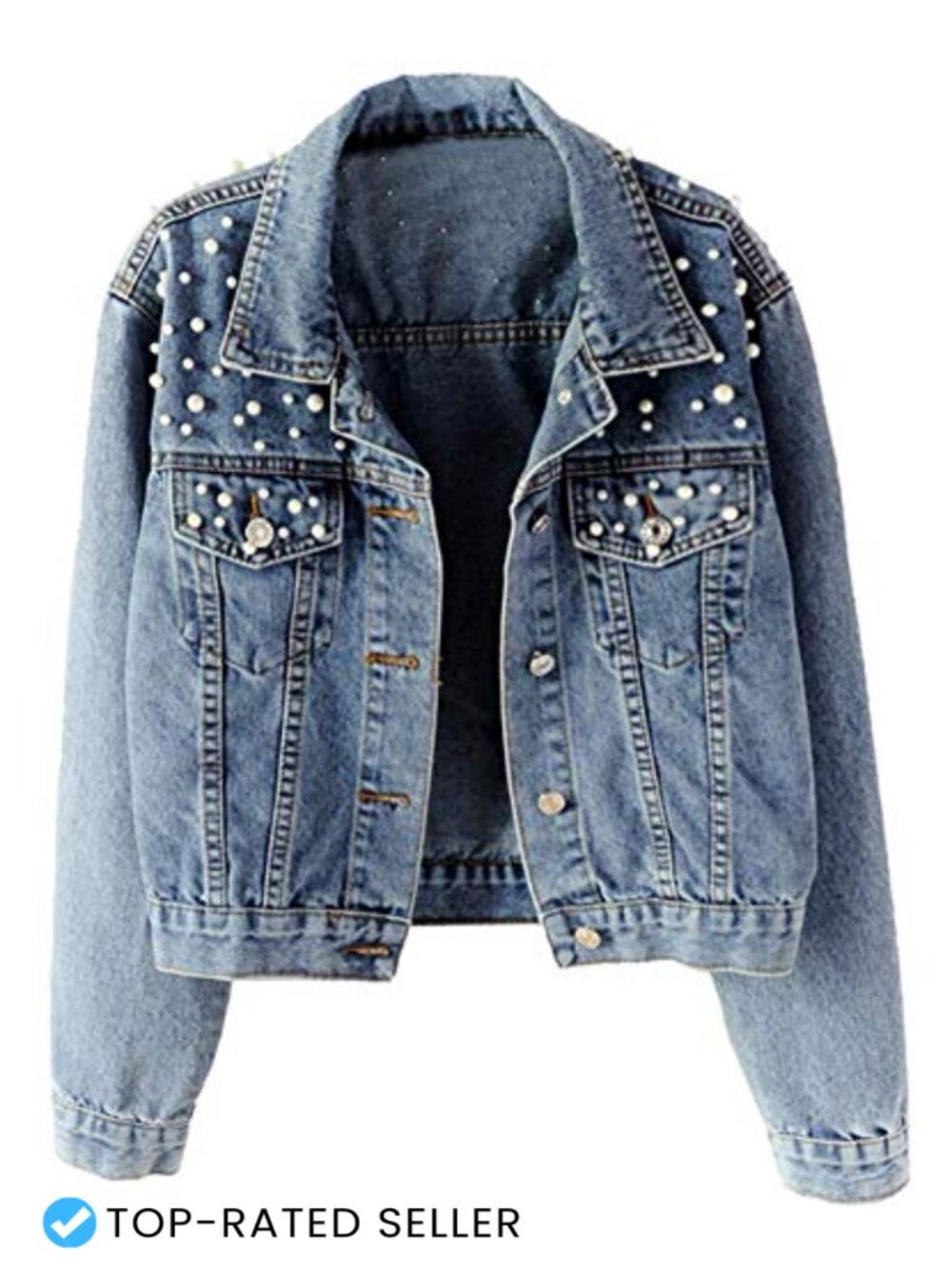 Oversized Denim Jacket Women Pearl Beading Cotton Polyester Blend Casual